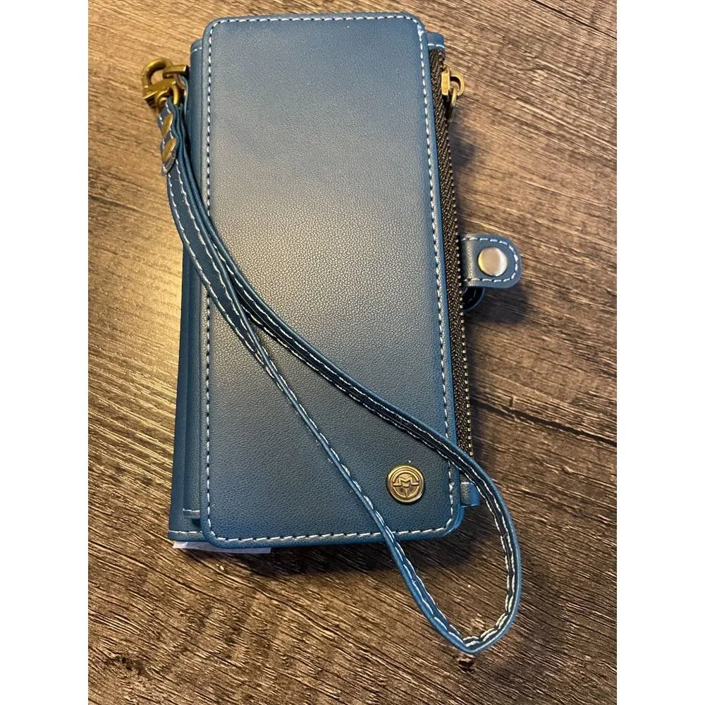 Wallet Case for Samsung Galaxy S24: RFID Blocking, Zipper & Wrist Strap - Blue